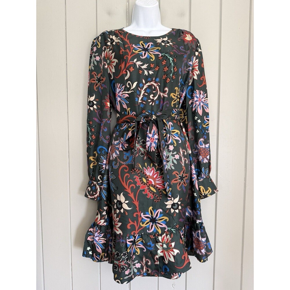 Tory Burch Printed Silk Twill Shift Dress 12 Belted Green Floral Long Sleeves
